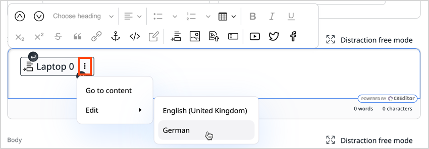 Edit embedded content item - select language Edit embedded content item - select language